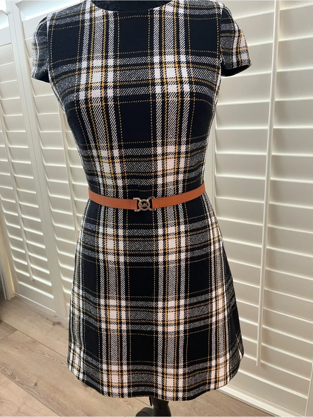 Michael Kors Tan Genuine Leather Belt with Gold MK Logo Buckle